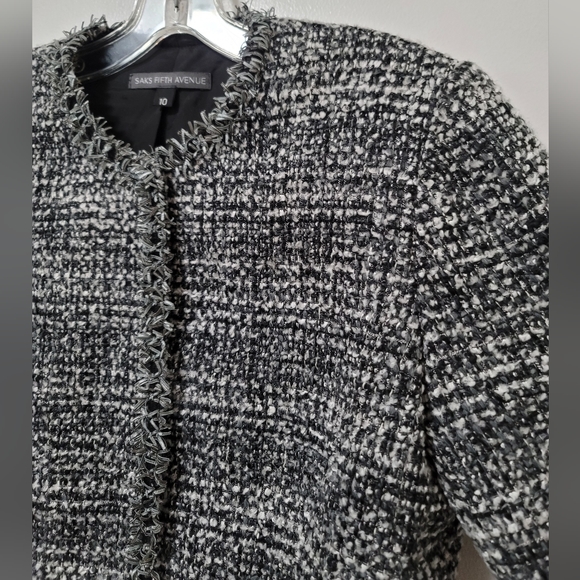 New Saks Fifth Avenue Black Tweed Wool Blend Frayed Trim Crop Blazer Size 10 - Picture 6 of 14
